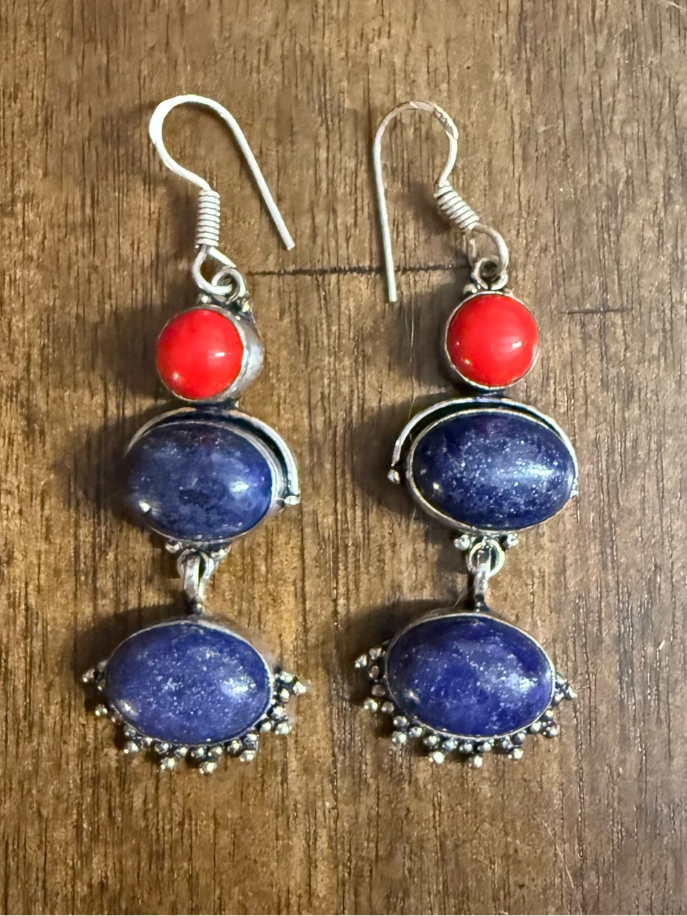 Sterling Red Coral and Lapis Dangle Earrings